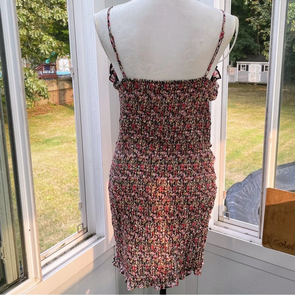 UO Iris Black Floral Sweetheart Spaghetti Strap Ruched Stretch Mini Dress - Picture 5 of 12